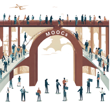 People with different professional backgrounds crossing bridge to education